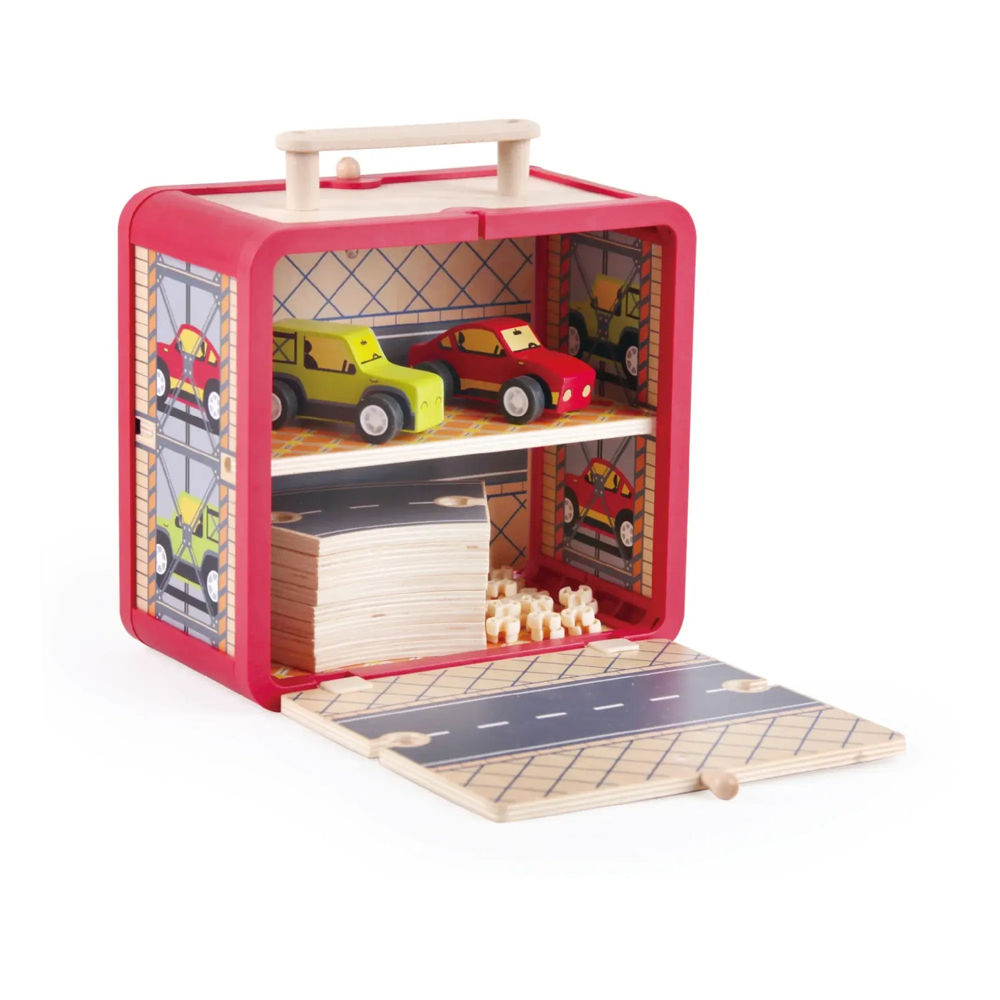 Houten Race Traject Koffer  - Mallette Circuit de Voiture met houten voertuigen en garage.