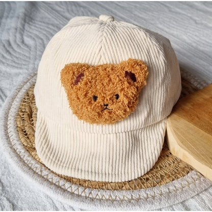 Beige Corduroy Kinderpet met Teddy Beertje – Verstelbare Baby & Peuter Pet