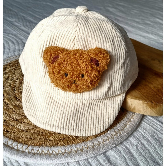 Beige Corduroy Kinderpet met Teddy Beertje – Verstelbare Baby & Peuter Pet
