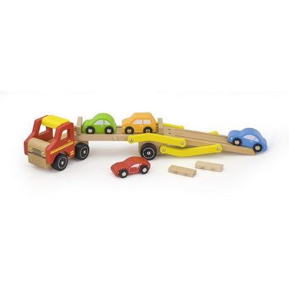 Houten Autotransporter – Rode Truck met 4 Auto’s