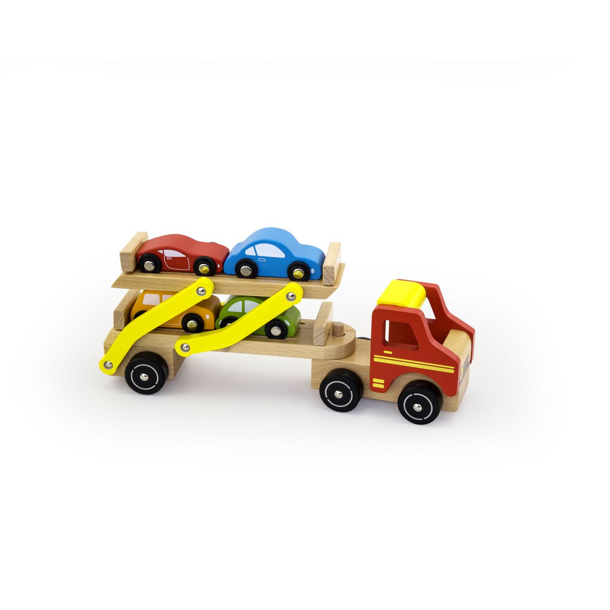 Houten Autotransporter – Rode Truck met 4 Auto’s – Trousselier FSC bij Kiddo Toys nl