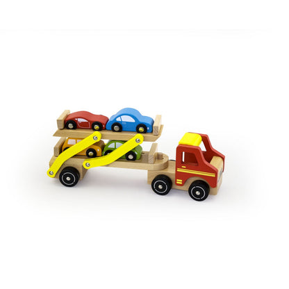 Houten Autotransporter – Rode Truck met 4 Auto’s – Trousselier FSC bij Kiddo Toys nl