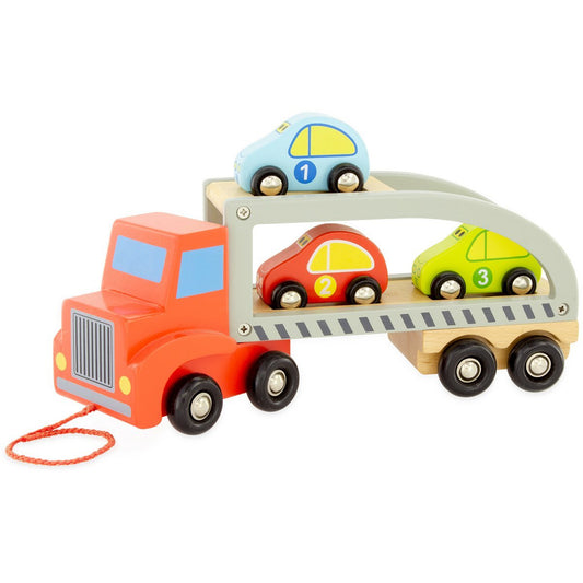 Houten Autotransporter – Vrachtwagen met Aanhanger & 3 Auto’s bij kiddotoys.nl