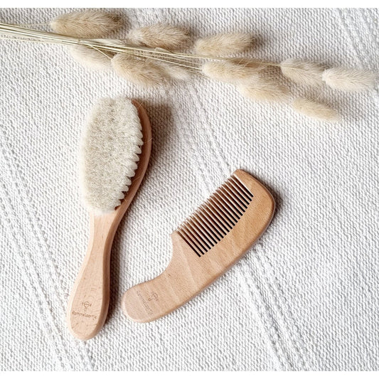 Houten Baby Borstel & Kam Set – Natuurlijke Haren, Zachte Verzorging voor Baby’s