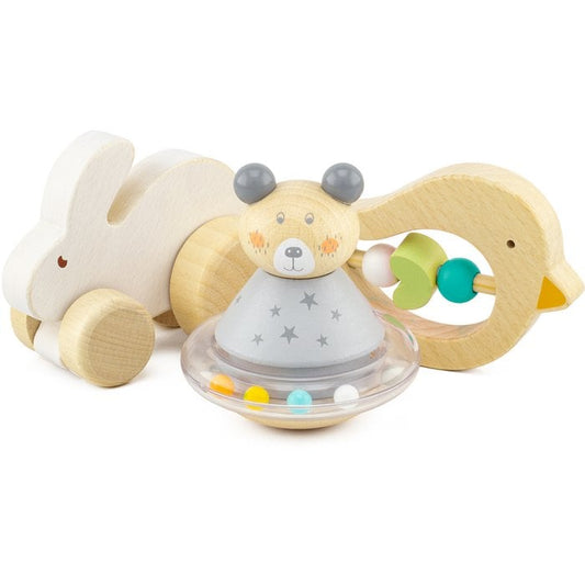 Houten Babyspeelset – Konijn, Vogel & Beertje | Eerste Leeftijd – Ulysse bij Kiddo Toys nl