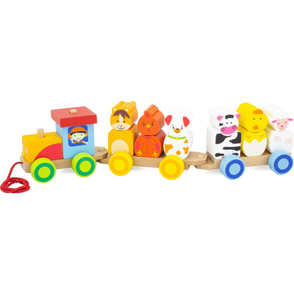 Houten Boerderijtrein – Locomotief met 2 Wagons & Stapelblokken bij kiddotoys.nl