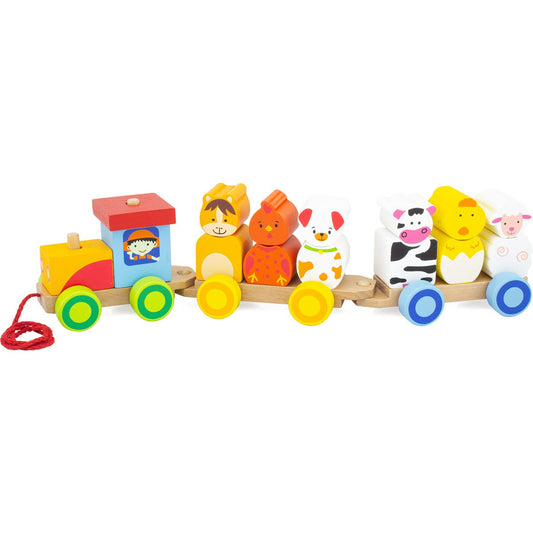 Houten Boerderijtrein – Locomotief met 2 Wagons & Stapelblokken bij kiddotoys.nl