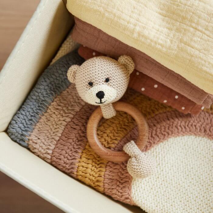 Houten Rammelaar & Bijtring Baby - Bieco Greifling Βeer