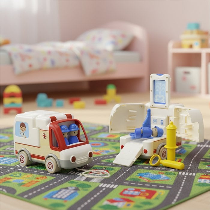 Routoudou Ambulance – Houten & Plastic Speelgoedauto met Geluid & Licht