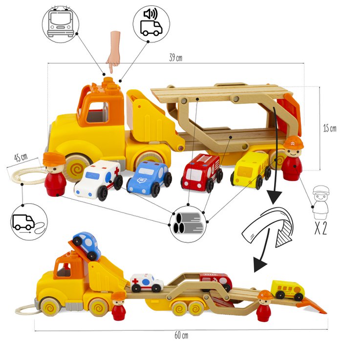 Routoudou Houten Trektruck met 4 Auto’s & 2 Figuren
